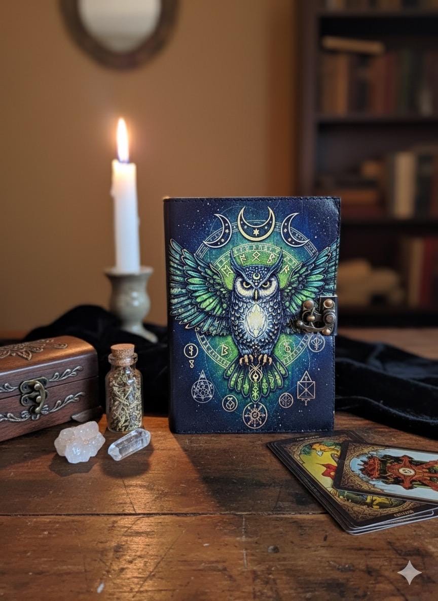 Owl Grimoire Leather Journal: Gothic Blank Book of Shadows