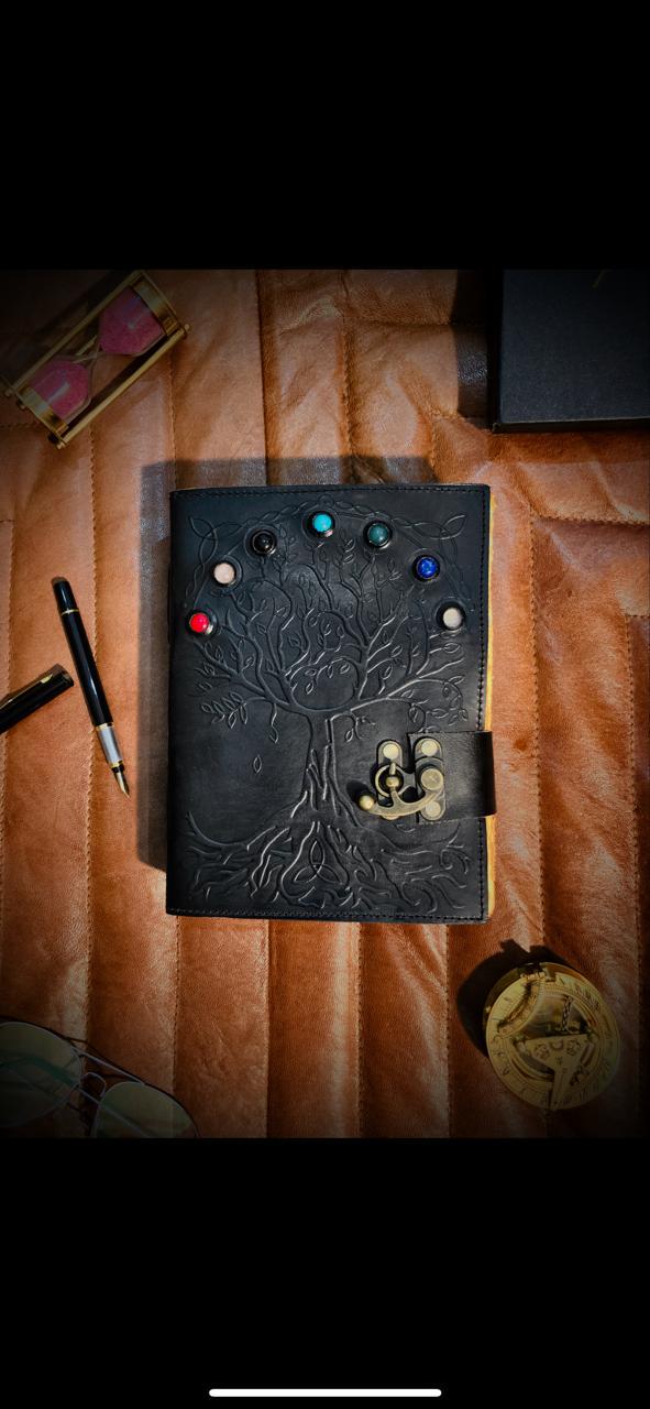 Seven Stone Tree of Life Leather Journal: Embossed Grimoire, Blank Book of Shadows