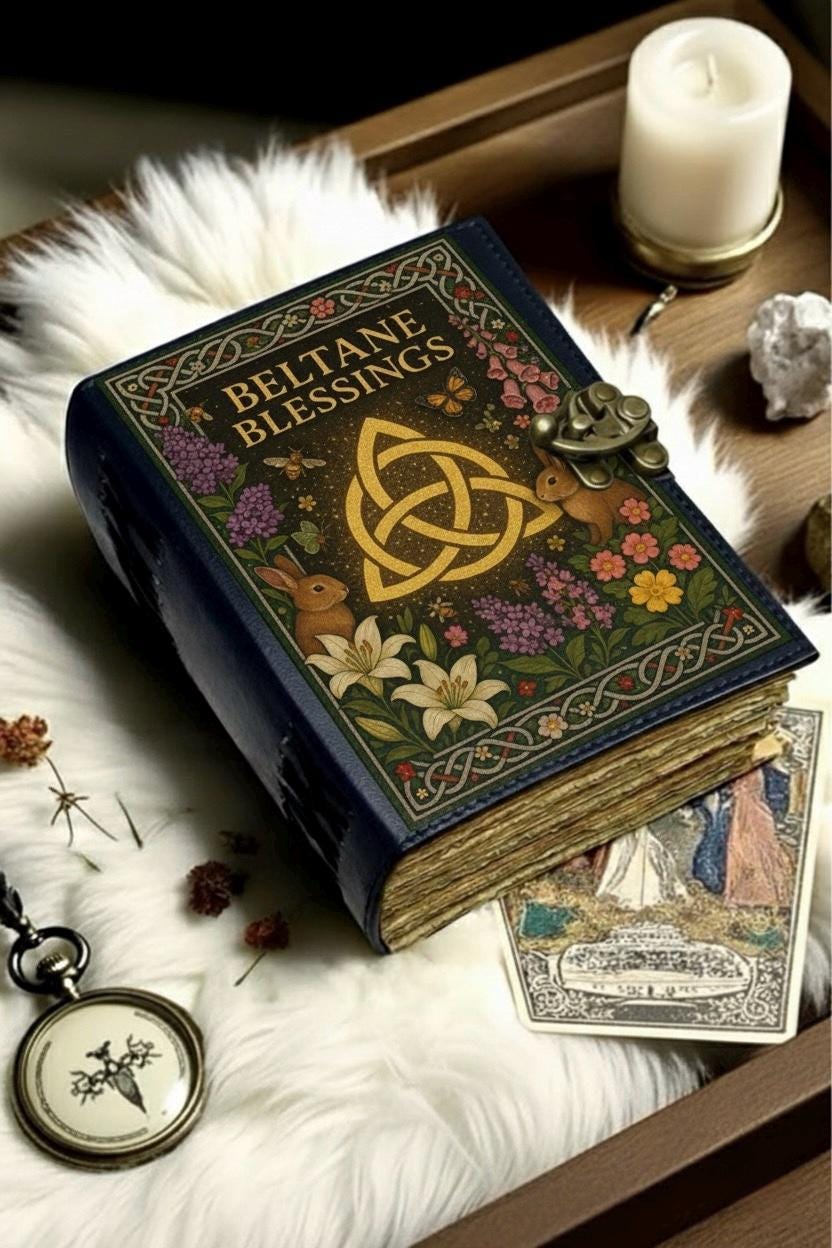 400 Page Large Beltane Blessings Grimoire leather journal, Pentagram Leather Journal, spell book of shadows Halloween Gifts For Him Her