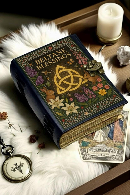 400 Page Large Beltane Blessings Grimoire leather journal, Pentagram Leather Journal, spell book of shadows Halloween Gifts For Him Her