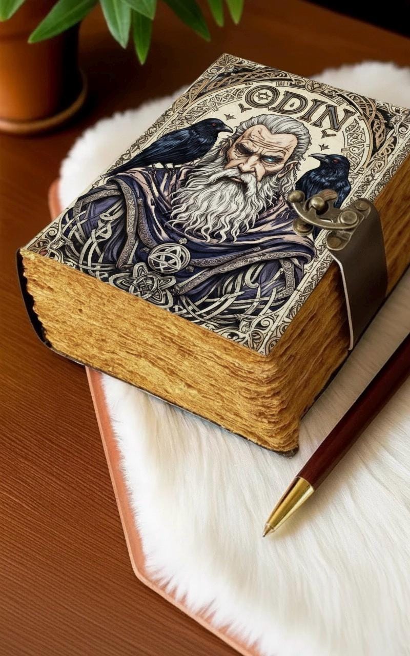 Odin Grimoire Book – Gothic Leather Journal with Deckle Edge Raven Spell Book of Shadows Handmade Sketchbook Magic Journal | Witchy Journal
