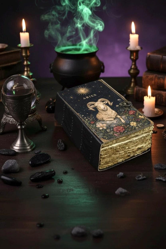 Aries Grimoire Vintage leather journal, Zodiac Leather Journal, Blank spell book of shadows Birthday Gifts For Him Her