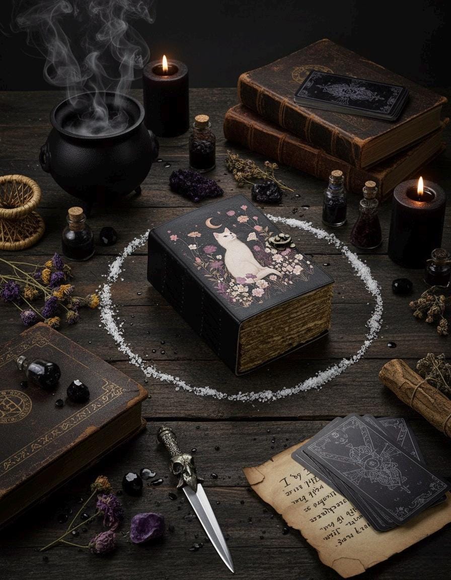 400 Page Large Leather Grimoire Journal: Cat Print Book of Shadows Magic Leather Journal, Spell book Magic Cat  Journal Halloween Gifts