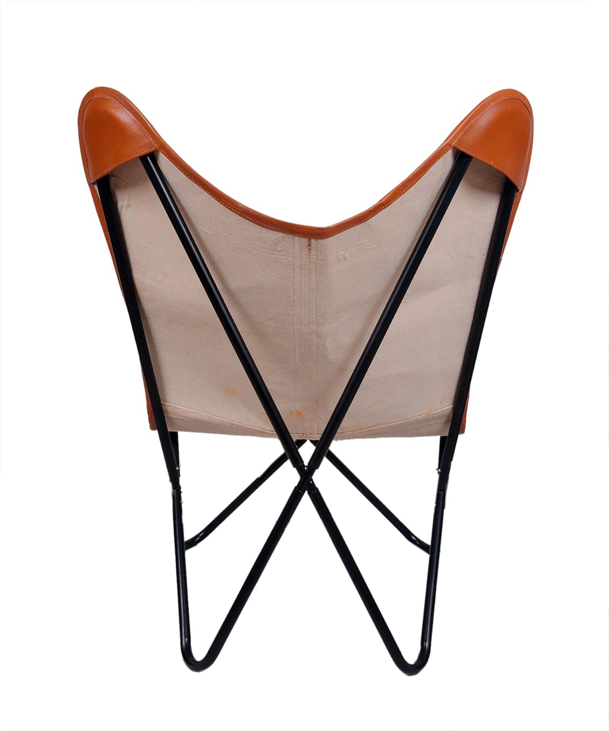 Vintage Buffalo Leather Butterfly Chair – Handmade Folding Hand Stitched Lounge Accent with Tan Leather Cover, Portable Modern Relaxing Armchair with Black Iron Frame for Living Room Bedroom Office