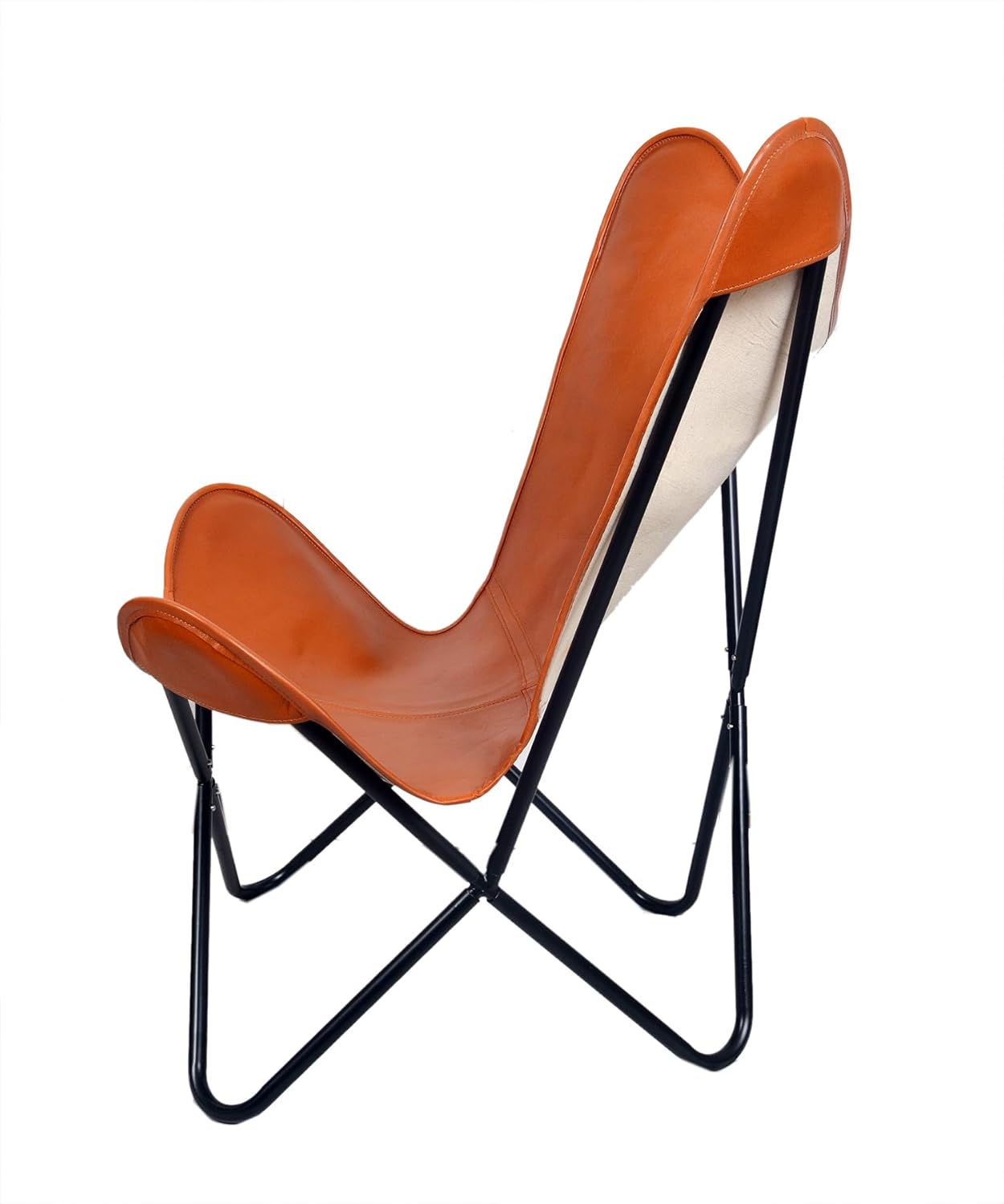 Vintage Buffalo Leather Butterfly Chair – Handmade Folding Hand Stitched Lounge Accent with Tan Leather Cover, Portable Modern Relaxing Armchair with Black Iron Frame for Living Room Bedroom Office