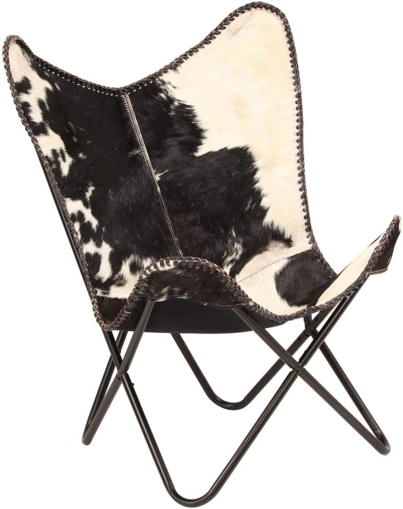 Home Decor Genuine Goat Leather Butterfly Arm Chair with Black/Brown White Hair on Cover (Black and White with Black Frame)