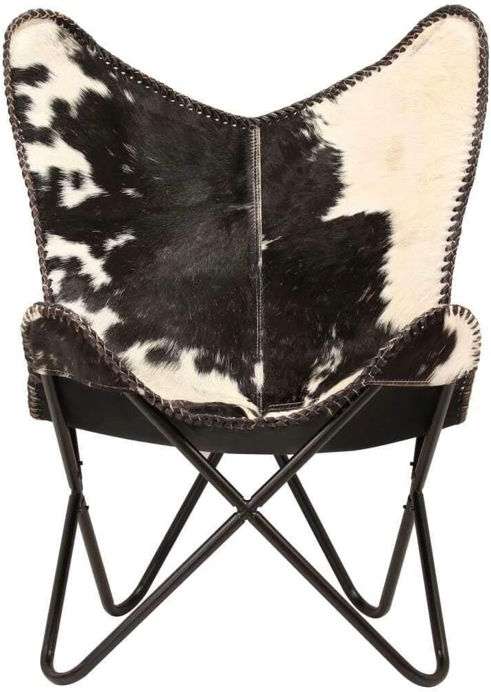 Home Decor Genuine Goat Leather Butterfly Arm Chair with Black/Brown White Hair on Cover (Black and White with Black Frame)