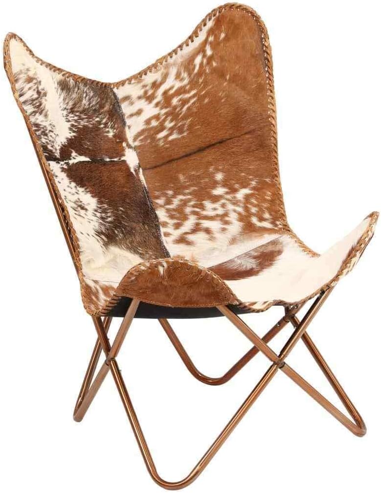 Home Decor Genuine Goat Leather Butterfly Arm Chair with Black/Brown White Hair on Cowhide Accent Chair (White and Brown with Rose Gold)