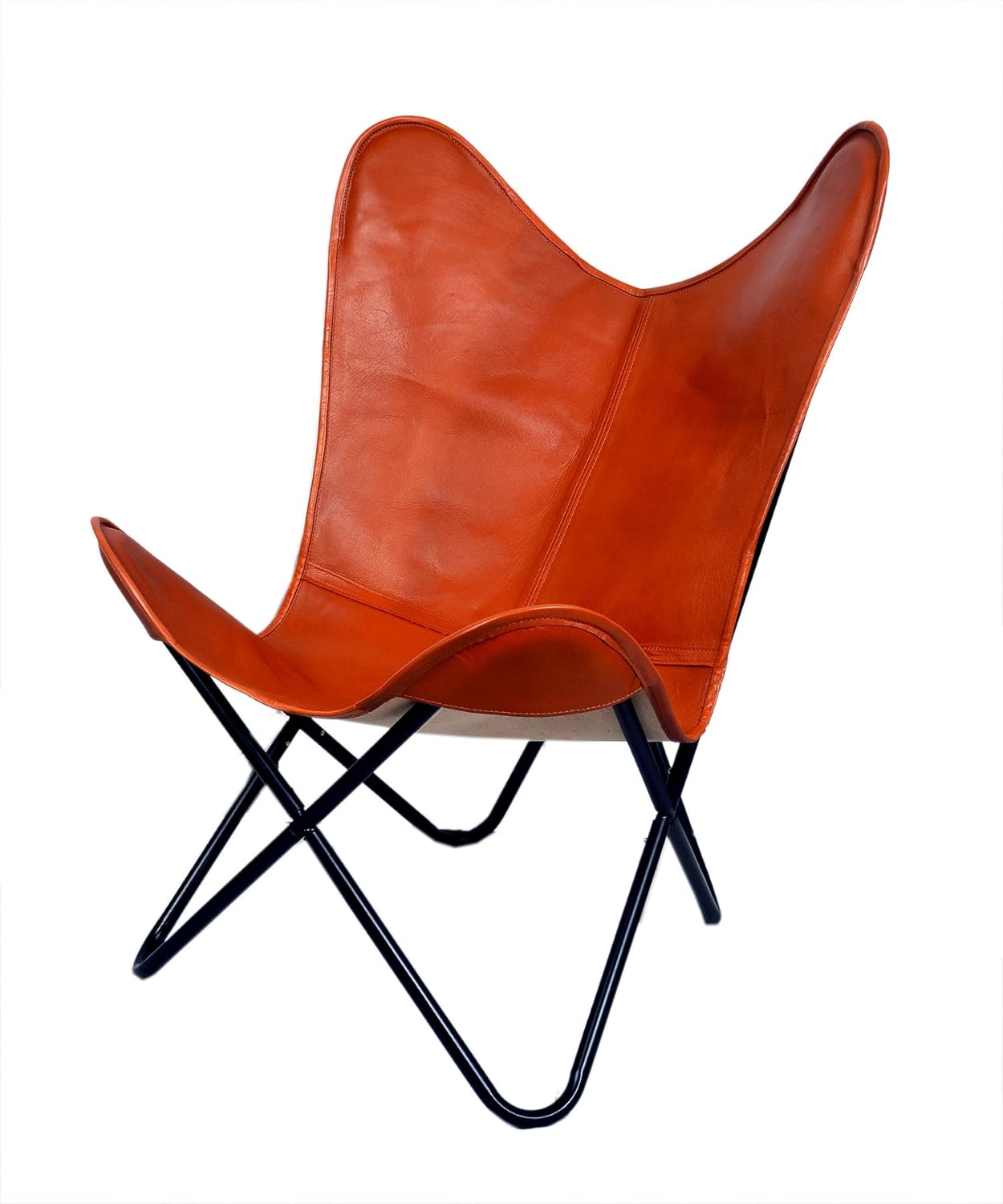 Vintage Buffalo Leather Butterfly Chair – Handmade Folding Hand Stitched Lounge Accent with Tan Leather Cover, Portable Modern Relaxing Armchair with Black Iron Frame for Living Room Bedroom Office