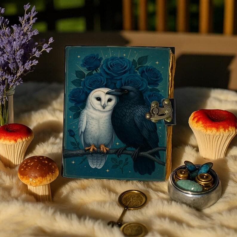 Raven & Owl Grimoire Vintage leather journal, Raven Leather Journal, Blank spell book of shadows Halloween Gifts For Him Her