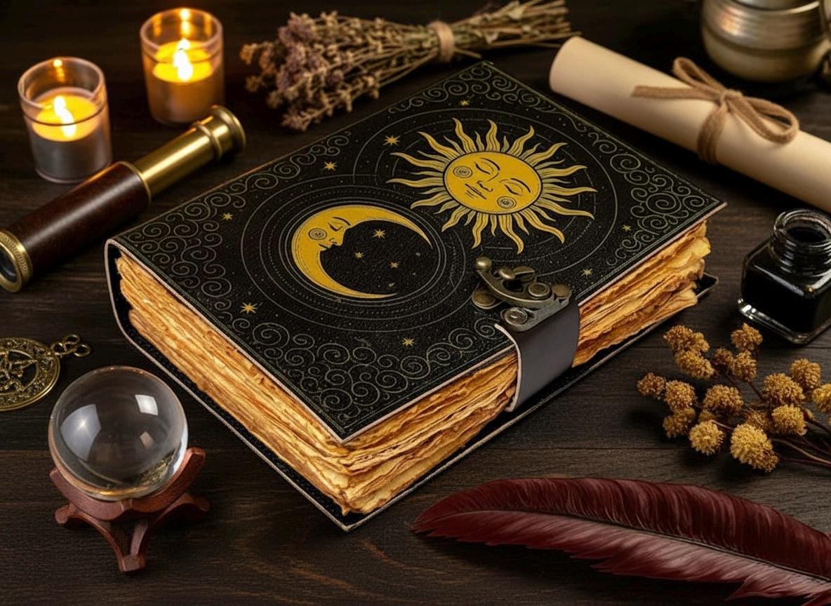 Sun Moon Grimoire Vintage leather journal, Moon Leather Journal, Blank spell book of shadows Halloween Gifts For Him Her