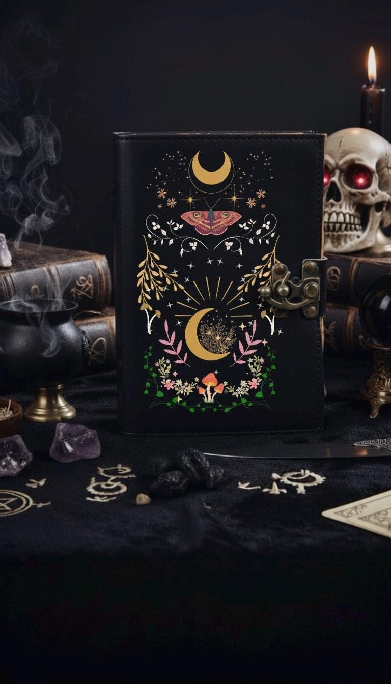 Floral Luna Moth Journal – Celestial Leather Grimoire | Handmade Book of Shadows | Witchy Mushroom Journal | Moon Phase Spell Diary