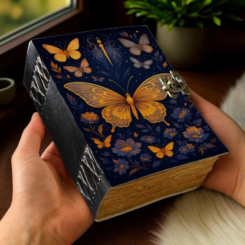 Luna Moth Grimoire – Handmade Spell Book with Lock | Personalized Wiccan Leather Journal with Deckle Pages | Witchy Gift