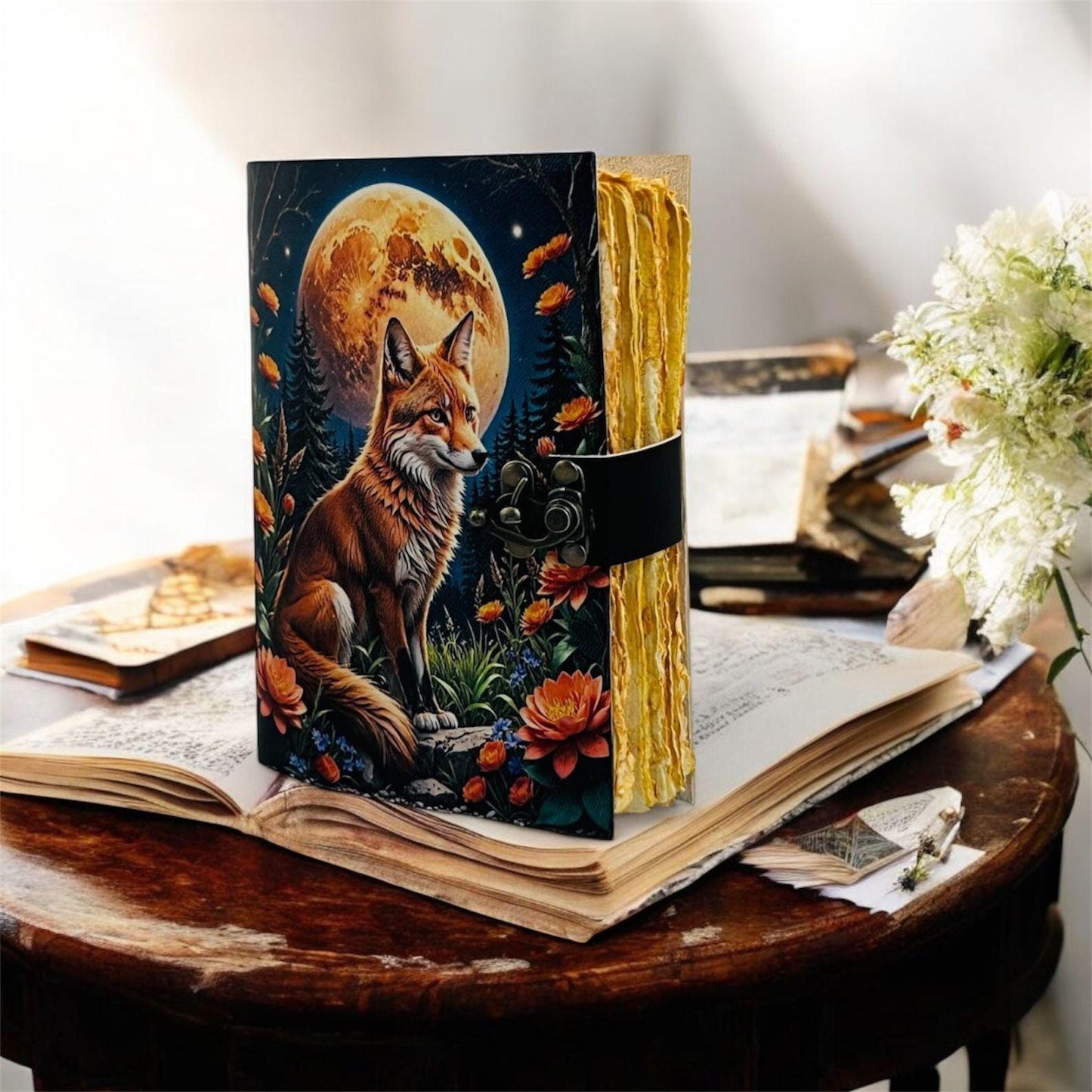 Fox Leather Journal: Grimoire Spell Book with Vintage Lock