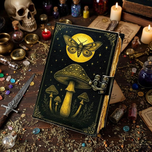 Mushroom Leather Journal, Fairy Luna Moth With Moon Grimoire Notebook, Witchcraft Book Spell Book of Shadows Gifts for Women