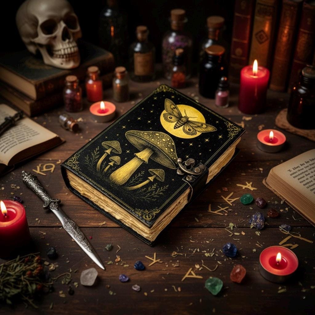 Mushroom Leather Journal, Fairy Luna Moth With Moon Grimoire Notebook, Witchcraft Book Spell Book of Shadows Gifts for Women