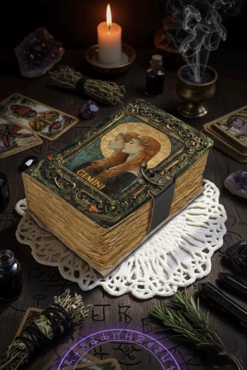 Gemini Grimoire Vintage leather journal, Zodiac Leather Journal, Blank spell book of shadows Birthday Gifts For Him Her