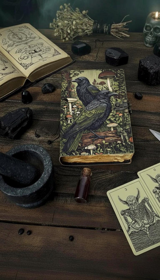 400 Page Large Raven Grimoire Vintage leather journal, Raven Leather Journal, Blank spell book of shadows Halloween Gifts For Him Her