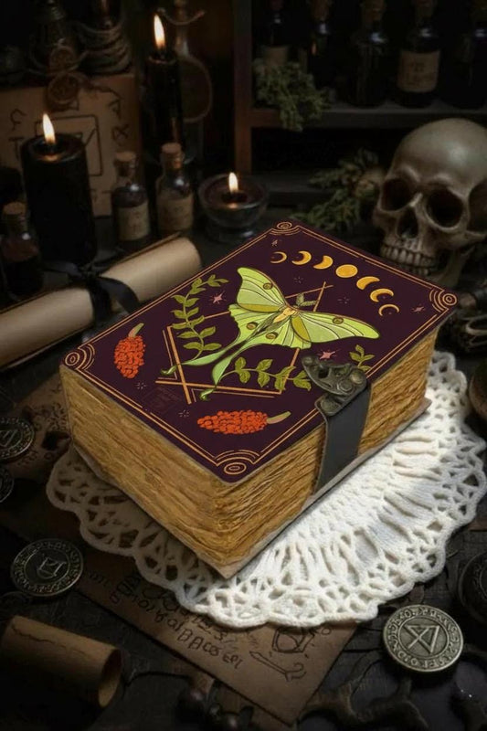 400 Page Vintage Leather Moth Journal with Moon Phases – Celestial Grimoire Notebook with Deckle Edge Paper, Witchy Décor Diary, Gothic Gift