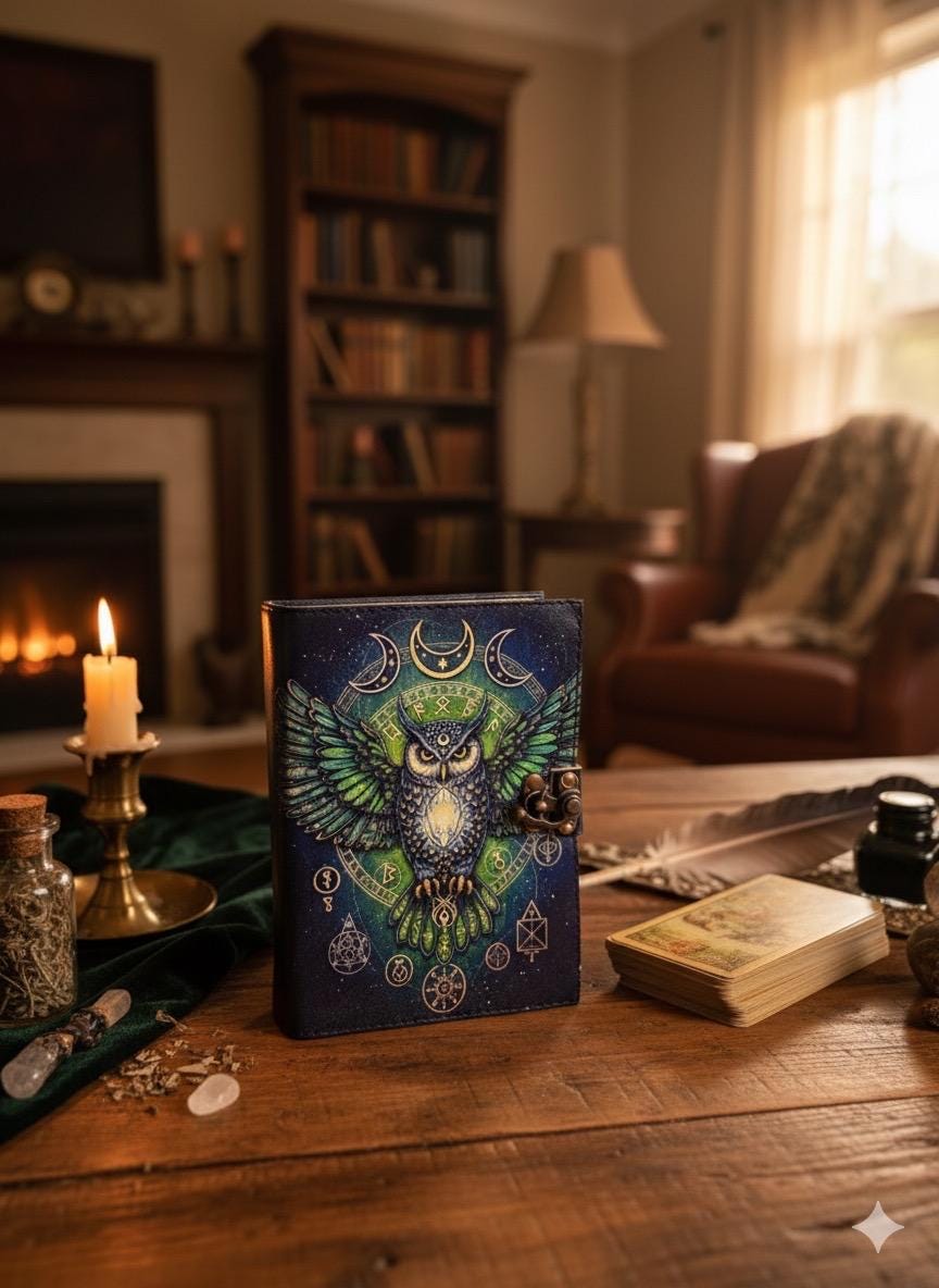 Owl Grimoire Leather Journal: Gothic Blank Book of Shadows