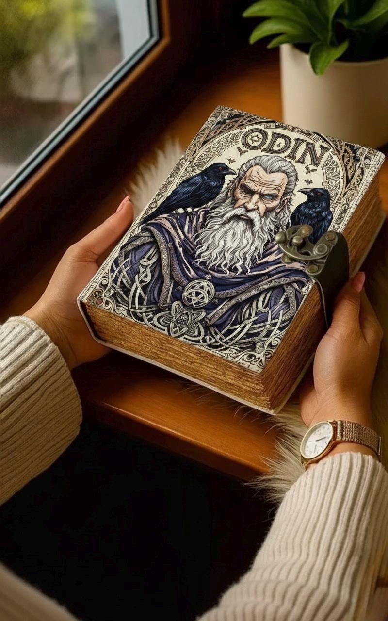 Odin Grimoire Book – Gothic Leather Journal with Deckle Edge Raven Spell Book of Shadows Handmade Sketchbook Magic Journal | Witchy Journal