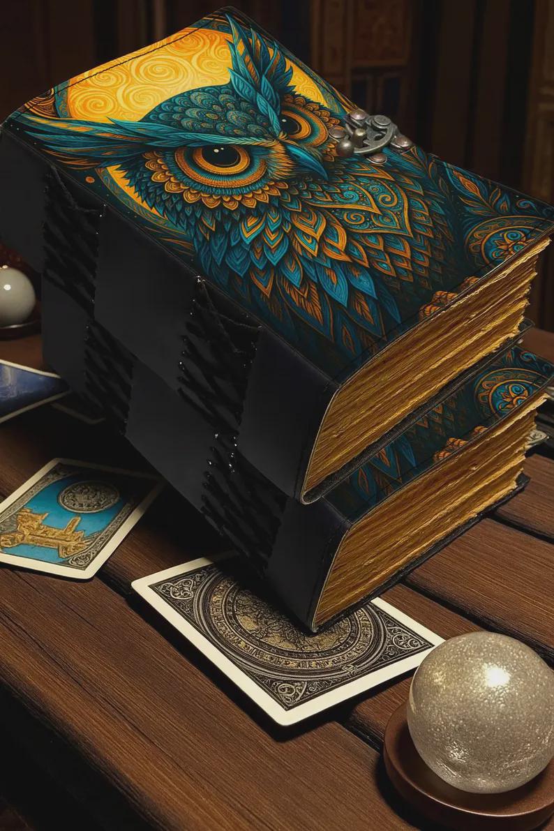 200 Page Owl Grimoire Journal – Blank Book of Shadows | Leather Spell Book of Wisdom | Handmade Witchy Sketchbook Moon Magic Tarot Notebook