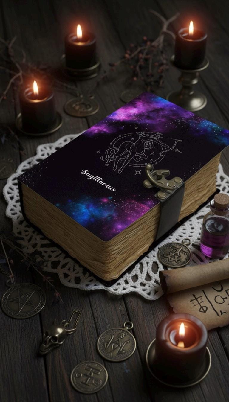 Sagittarius Grimoire Vintage leather journal, Zodiac Leather Journal, Blank spell book of shadows Birthday Gifts For Him Her