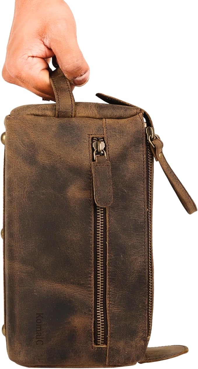 Premium Buffalo Leather Toiletry Bag for Men & Women – Leather Dopp Kit With Water resistant Lining, Premium Toiletry Travel Pouch, Unisex Wash Bag for Toiletries, Gifts for Men and Women