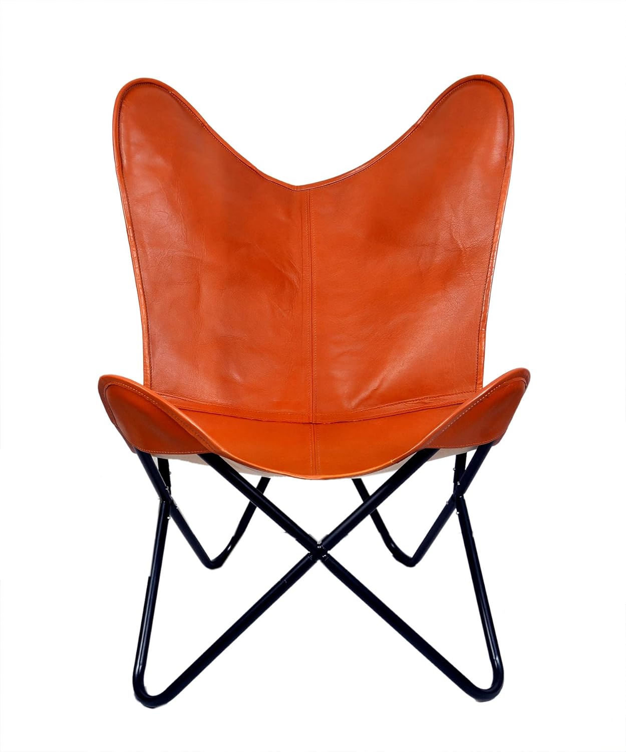 Vintage Buffalo Leather Butterfly Chair – Handmade Folding Hand Stitched Lounge Accent with Tan Leather Cover, Portable Modern Relaxing Armchair with Black Iron Frame for Living Room Bedroom Office