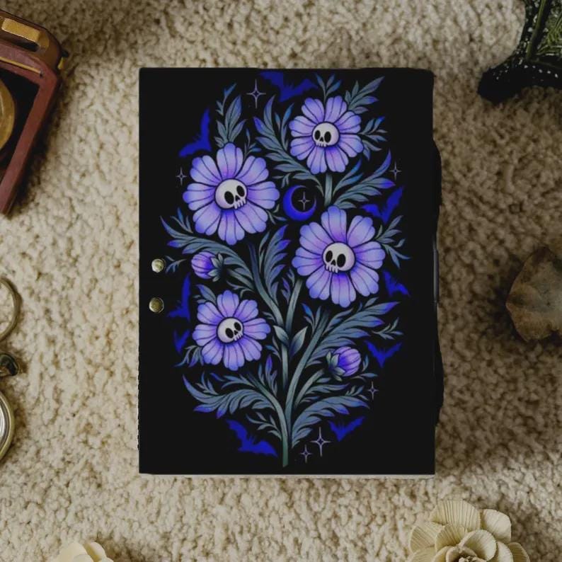 Purple Skull Flower Leather Journal Handmade Gothic Grimoire Notebook Dark Floral Witchy Book of Shadows, Vintage Occult Writing Diary Gift