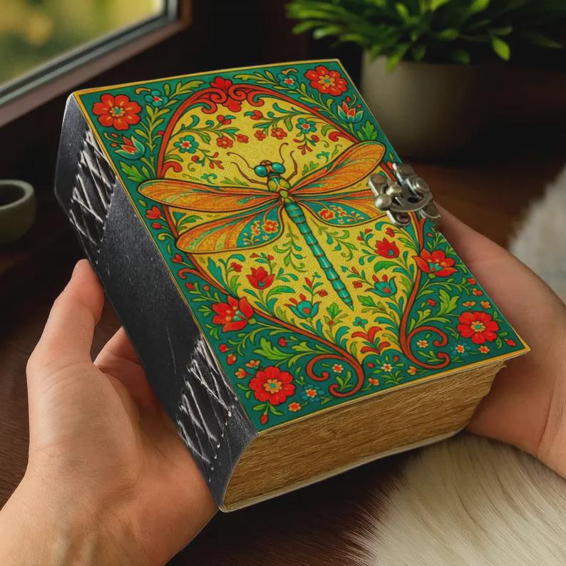 Dragonfly Leather Journal with Lock Handmade Vintage Writing Notebook Floral Diary, Sketchbook, Gift for Writers & Artists