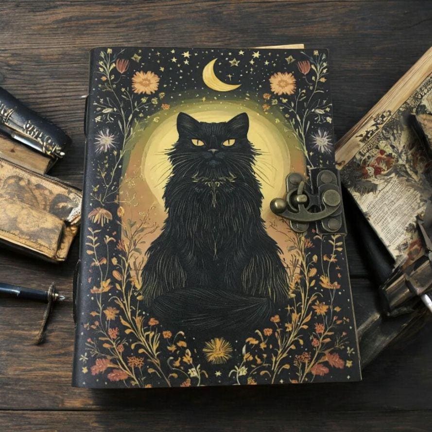 Leather Spell Book of Shadows: Cat Journal Celestial Cat Spellbook