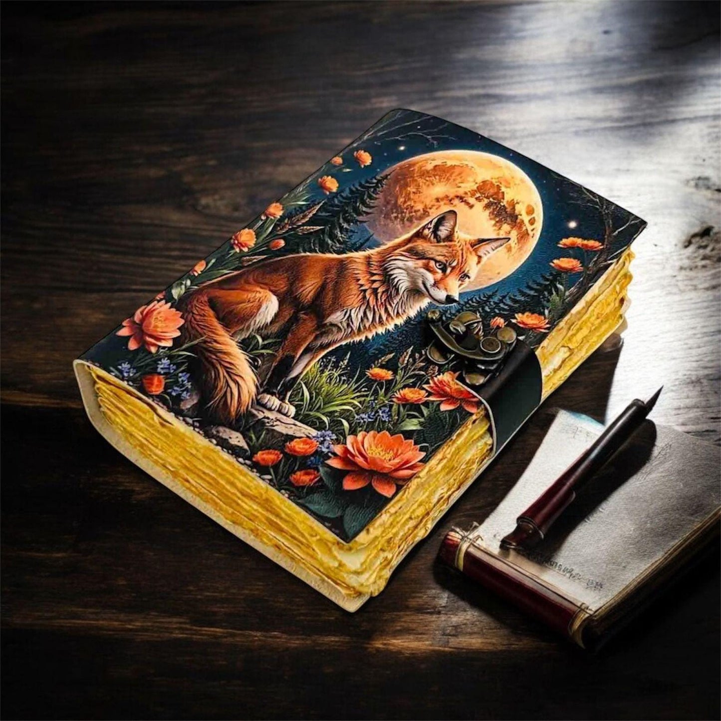 Fox Leather Journal: Grimoire Spell Book with Vintage Lock
