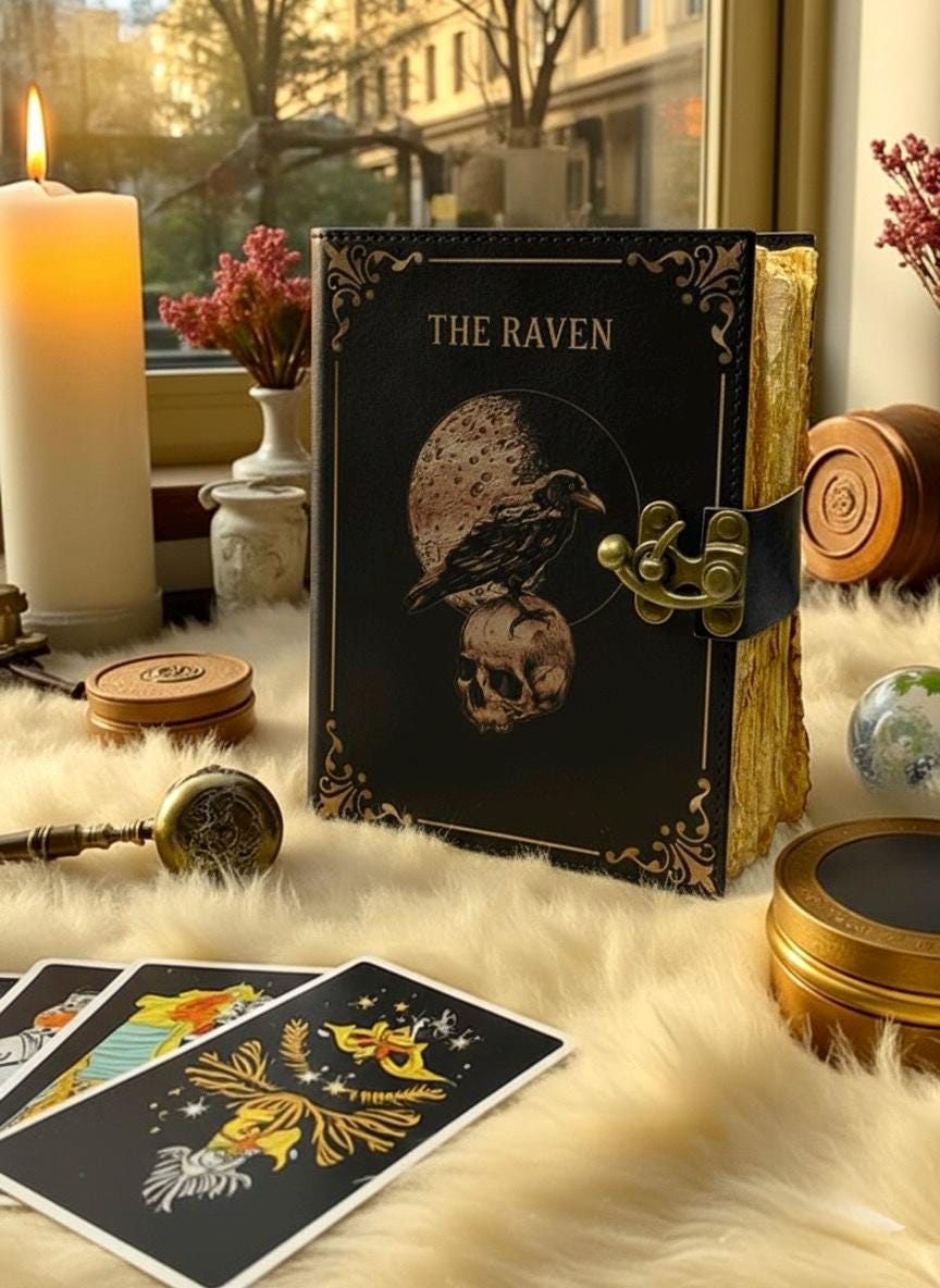 400 Page Large Raven Grimoire Vintage leather journal, Raven Leather Journal, Blank spell book of shadows Halloween Gifts For Him Her