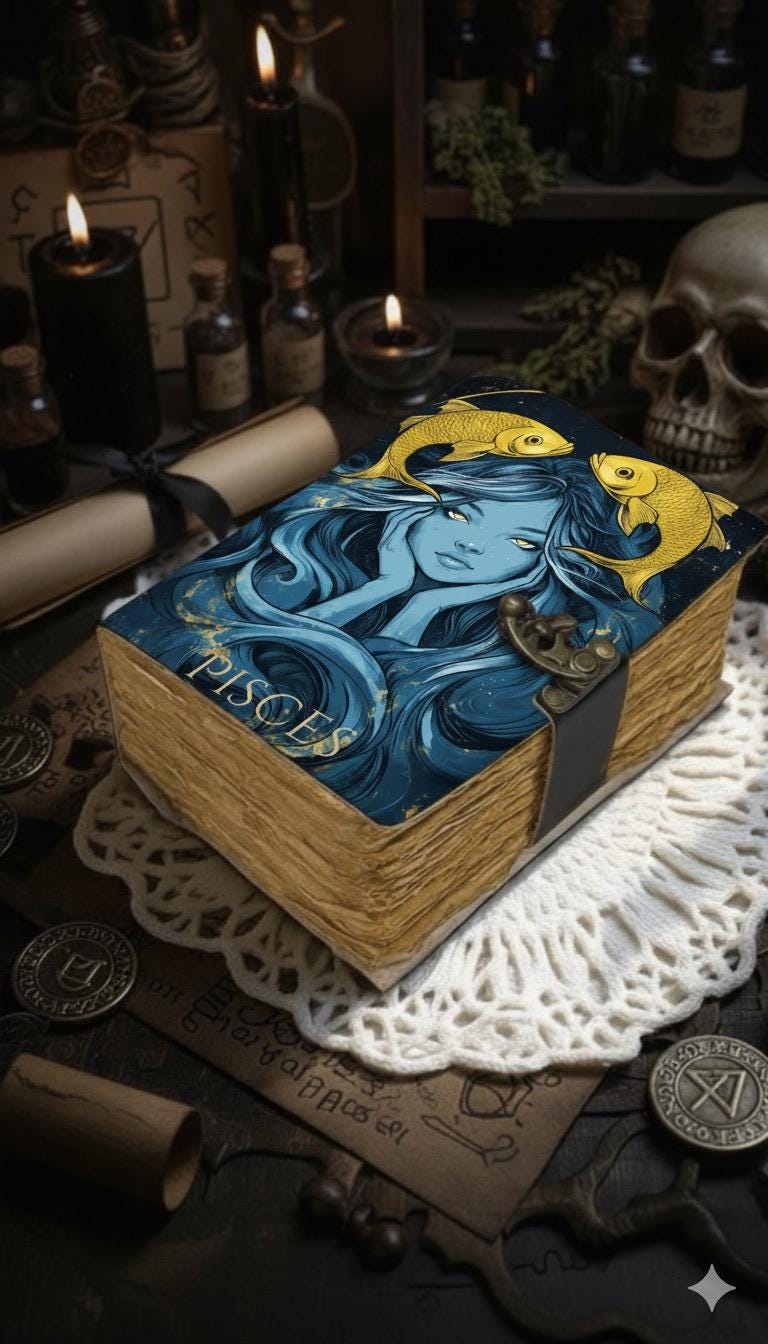 Pisces Grimoire Vintage leather journal, Zodiac Leather Journal, Blank spell book of shadows Birthday Gifts For Him Her