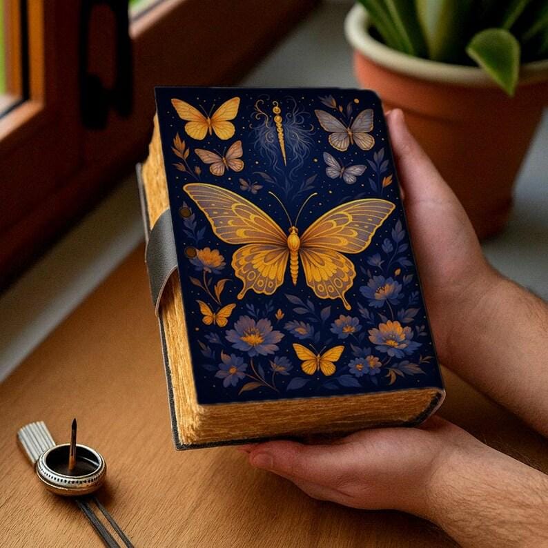 Luna Moth Grimoire – Handmade Spell Book with Lock | Personalized Wiccan Leather Journal with Deckle Pages | Witchy Gift