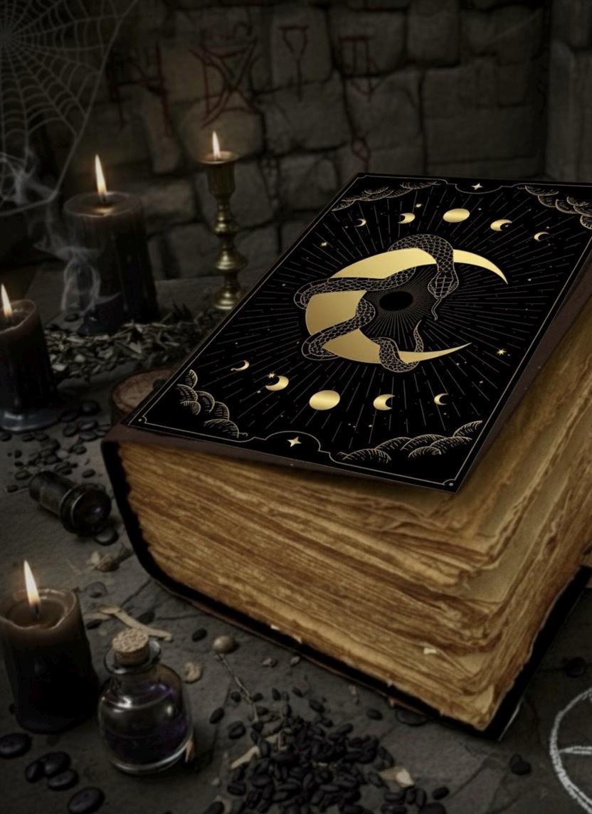 200 Page Black Magic Snake leather journal | Moon Phase Witch Grimoire | Handmade Spell Book with Lock | Deckle Edge Paper | Halloween Gift