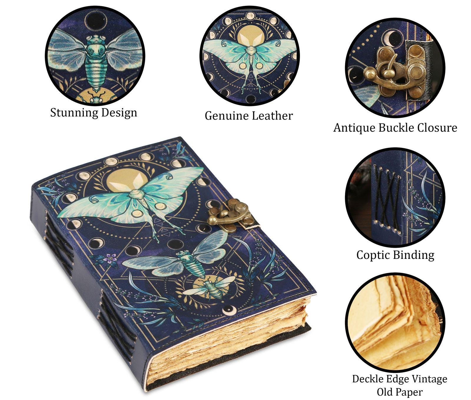 Luna Moth Leather Journal: Blank Spell Book of Shadows, Witchcraft Supplies