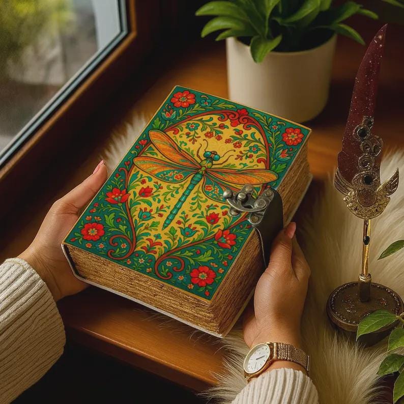 Dragonfly Leather Journal with Lock Handmade Vintage Writing Notebook Floral Diary, Sketchbook, Gift for Writers & Artists