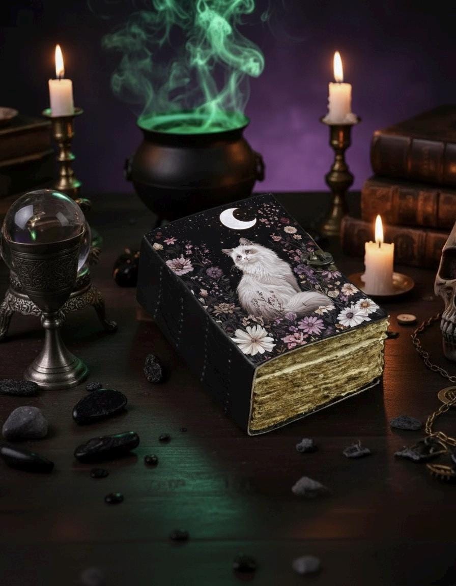 Book of shadows leather journal, Print Cat Journal, Blank spell Grimoire Leather Celestial Halloween Gifts For Him Her