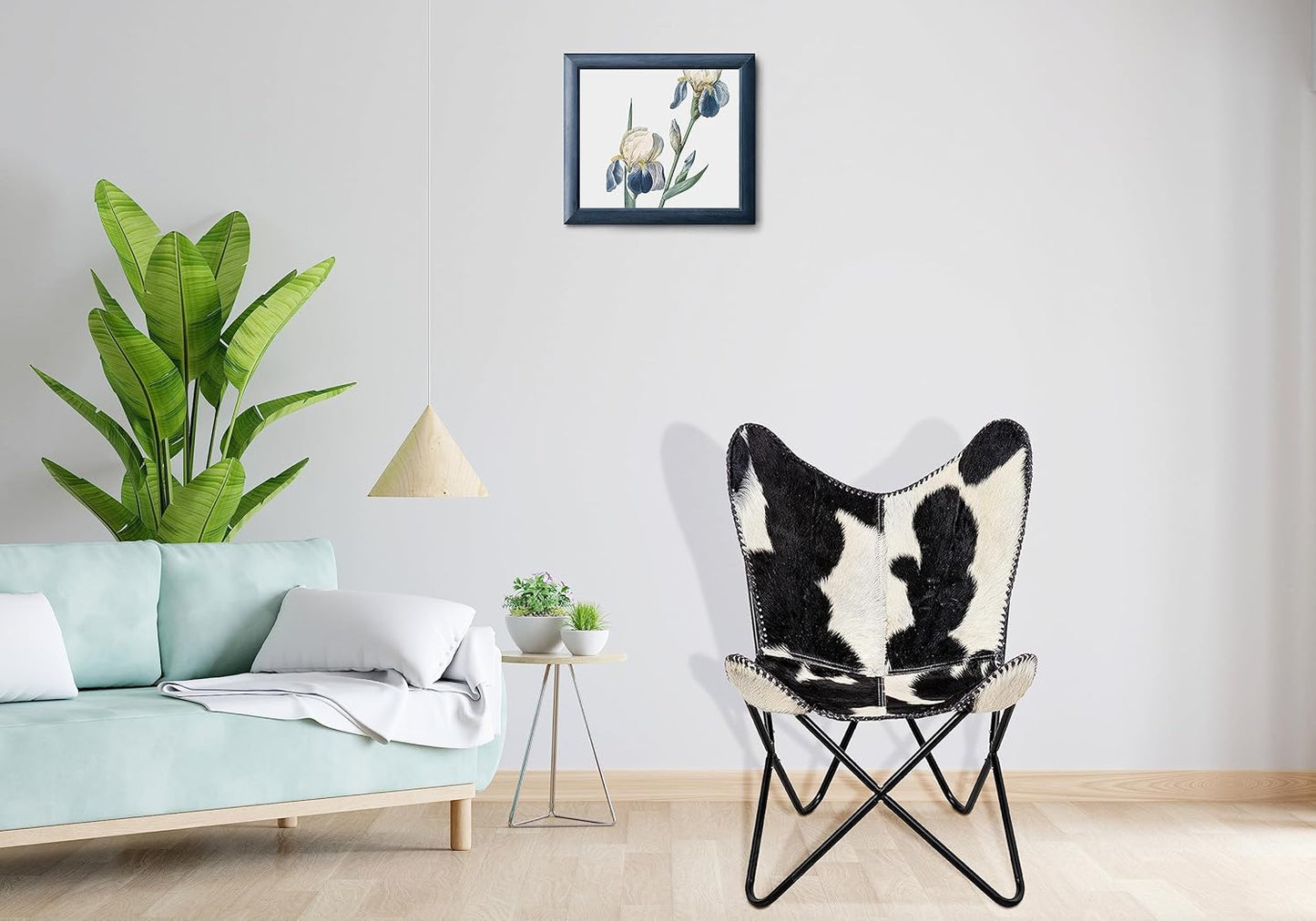 Home Decor Genuine Goat Leather Butterfly Arm Chair with Black/Brown White Hair on Cover (Black and White with Black Frame)
