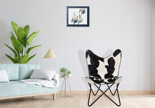 Home Decor Genuine Goat Leather Butterfly Arm Chair with Black/Brown White Hair on Cover (Black and White with Black Frame)