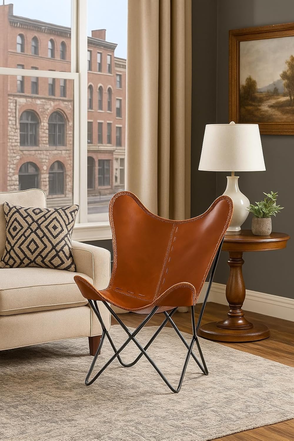 Vintage Buffalo Leather Butterfly Chair – Handmade Folding Hand Stitched Lounge Accent with Tan Leather Cover, Portable Modern Relaxing Armchair with Black Iron Frame for Living Room Bedroom Office