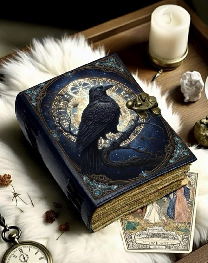 Raven Grimoire Vintage leather journal, Raven Leather Journal, Blank spell book of shadows Halloween Gifts For Him Her
