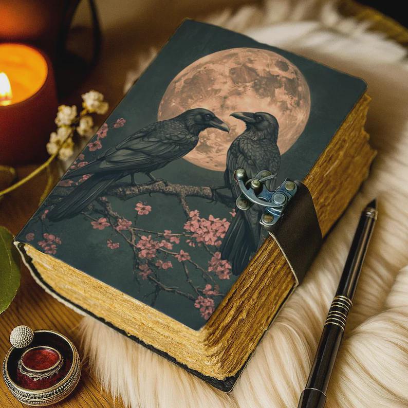 Raven Grimoire Vintage leather journal, Raven Leather Journal, Blank spell book of shadows Halloween Gifts For Him Her