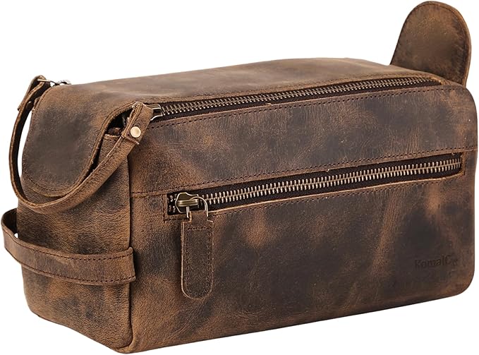 Premium Buffalo Leather Toiletry Bag for Men & Women – Leather Dopp Kit With Water resistant Lining, Premium Toiletry Travel Pouch, Unisex Wash Bag for Toiletries, Gifts for Men and Women