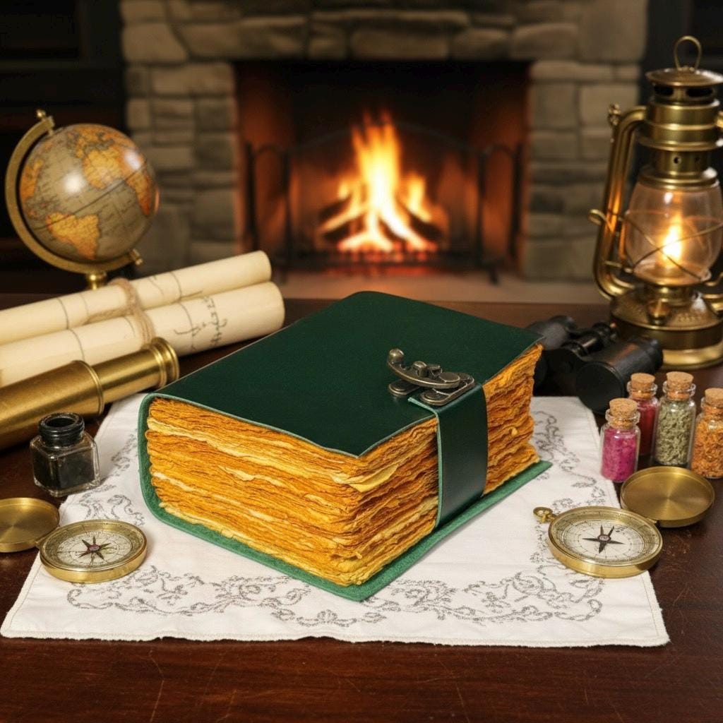 Green Leather Spell Book of Shadows with Vintage leather Journal - , Grimoire Journal, Travel Writing Notebook, Deckle Edge Paper