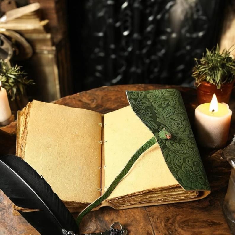 Green Floral Leather Journal: Handmade Book of Shadows, Sketchbook