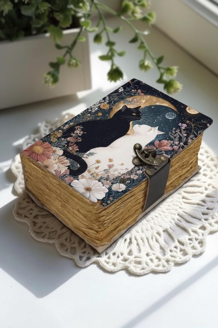 Grimoire leather journal, Print Cat Journal, Blank spell book book of shadows Leather Celestial Gifts For Him Her