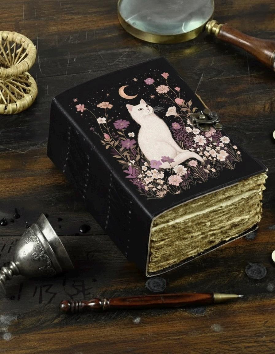 400 Page Large Leather Grimoire Journal: Cat Print Book of Shadows Magic Leather Journal, Spell book Magic Cat  Journal Halloween Gifts